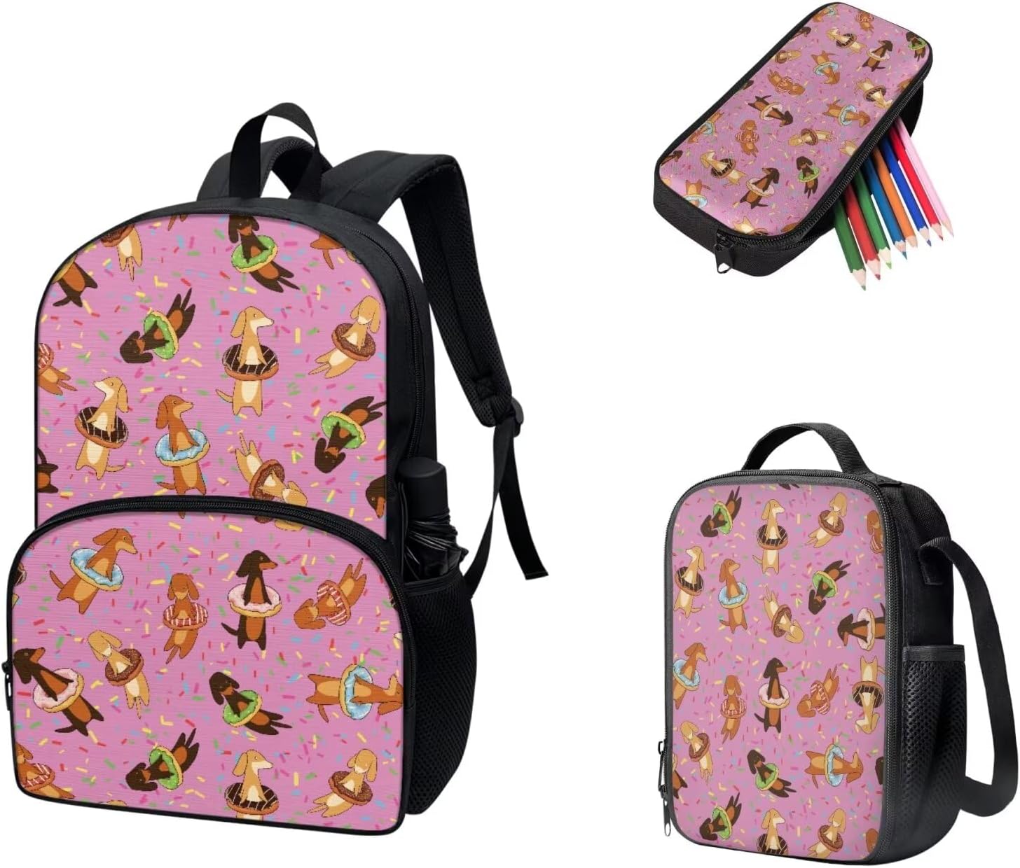 Cozeyat Kawaii Dog School Backpack Girls Set Bookbag with Lunch Bag & Pencil Case Pink Donuts Bookbags Middle Elementary Preschool Kindergarten School Supplies for Kids - Image 2