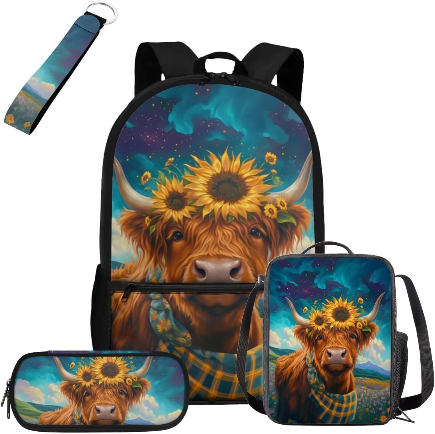 Cozeyat Sunflower Highland Cow Backpack for School Girls with Lunch Box and Pencil Case 4-in-1 Little Girl Bookbag Kawaii School Bag for Kids 1st 2nd Elementary Student Back to School Supplies