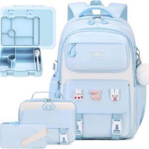 DIGOBAY 6PCS Girls Backpack Set with Bento Box for School, Kids Backpack for Girls with Lunch Bag Pencil Case for Girl School Bookbag with Lunch Snack Container, Utensils Blue