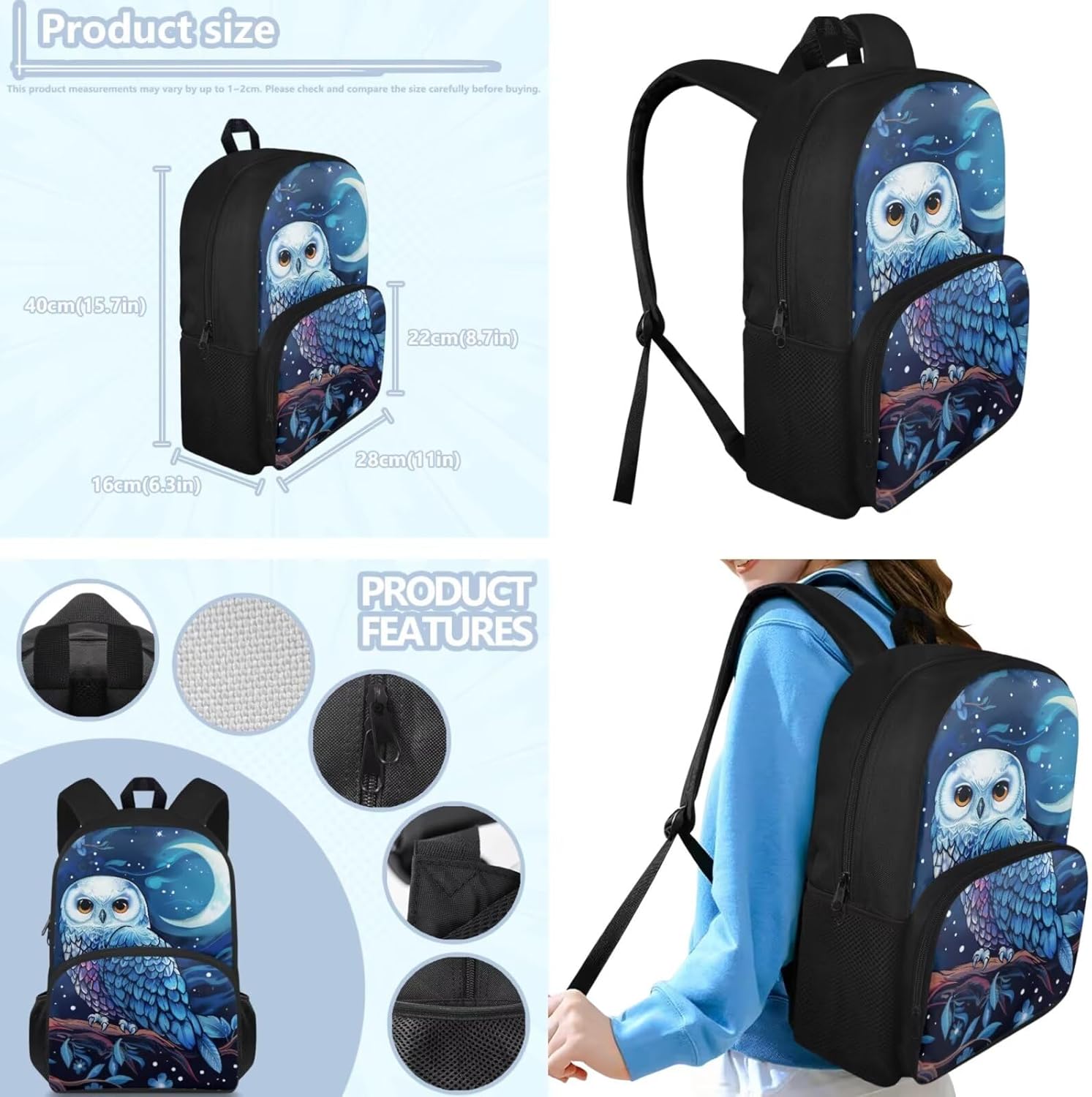 doginthehole Cute Owl Moon Backpack for Girls Kawaii Large Capacity Kids School Bag with Lunch Bag 3 Piece Lightweight Bookbag for Girls 7-8 for Elementary School Casual Travel Book Bags - Image 3