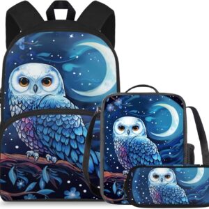 doginthehole Cute Owl Moon Backpack for Girls Kawaii Large Capacity Kids School Bag with Lunch Bag 3 Piece Lightweight Bookbag for Girls 7-8 for Elementary School Casual Travel Book Bags