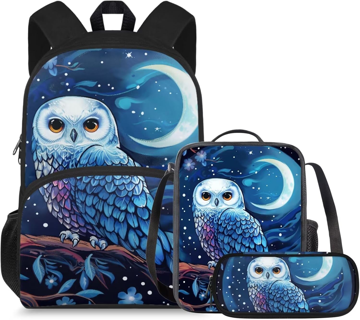 doginthehole Cute Owl Moon Backpack for Girls Kawaii Large Capacity Kids School Bag with Lunch Bag 3 Piece Lightweight Bookbag for Girls 7-8 for Elementary School Casual Travel Book Bags