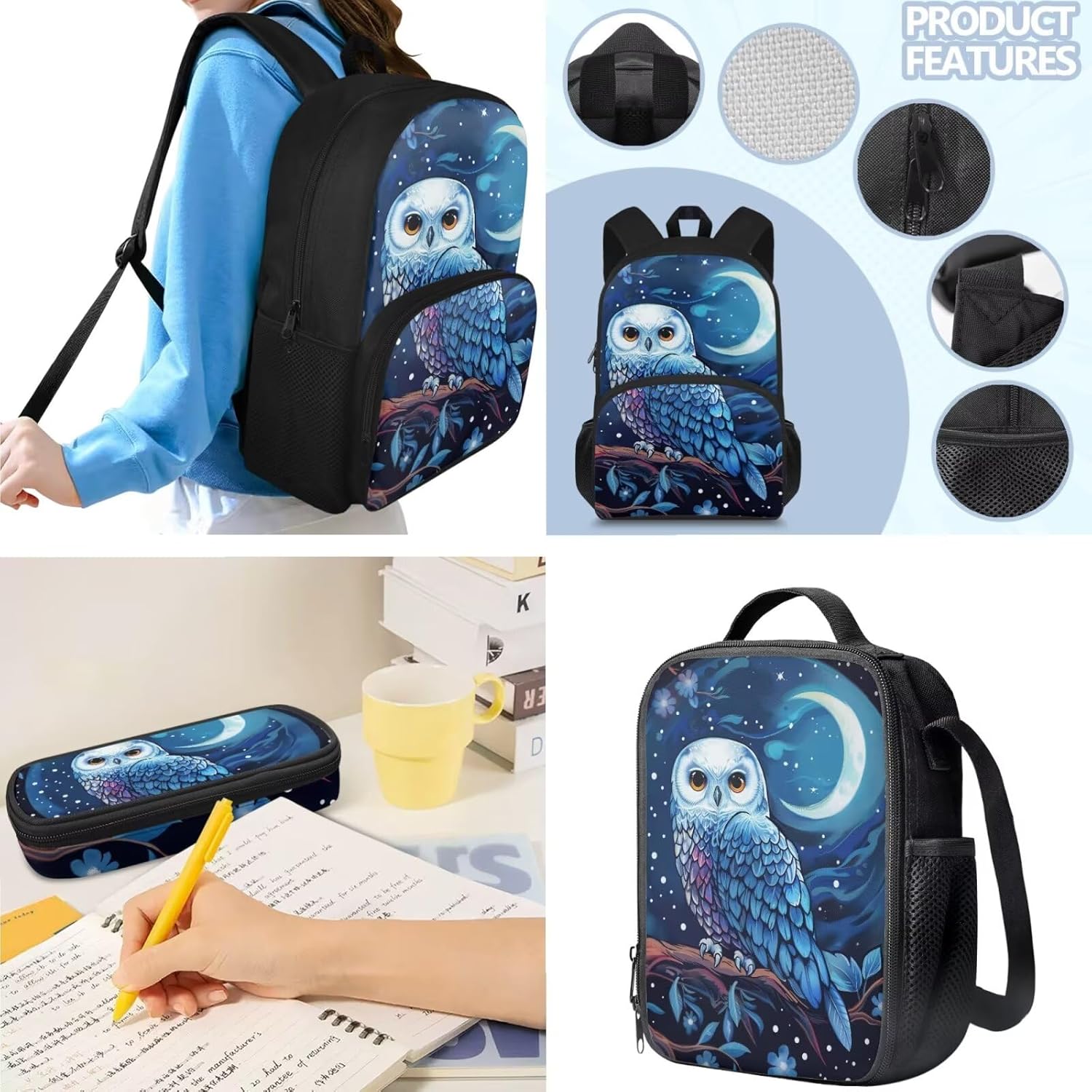 doginthehole Cute Owl Moon Backpack for Girls Kawaii Large Capacity Kids School Bag with Lunch Bag 3 Piece Lightweight Bookbag for Girls 7-8 for Elementary School Casual Travel Book Bags - Image 5