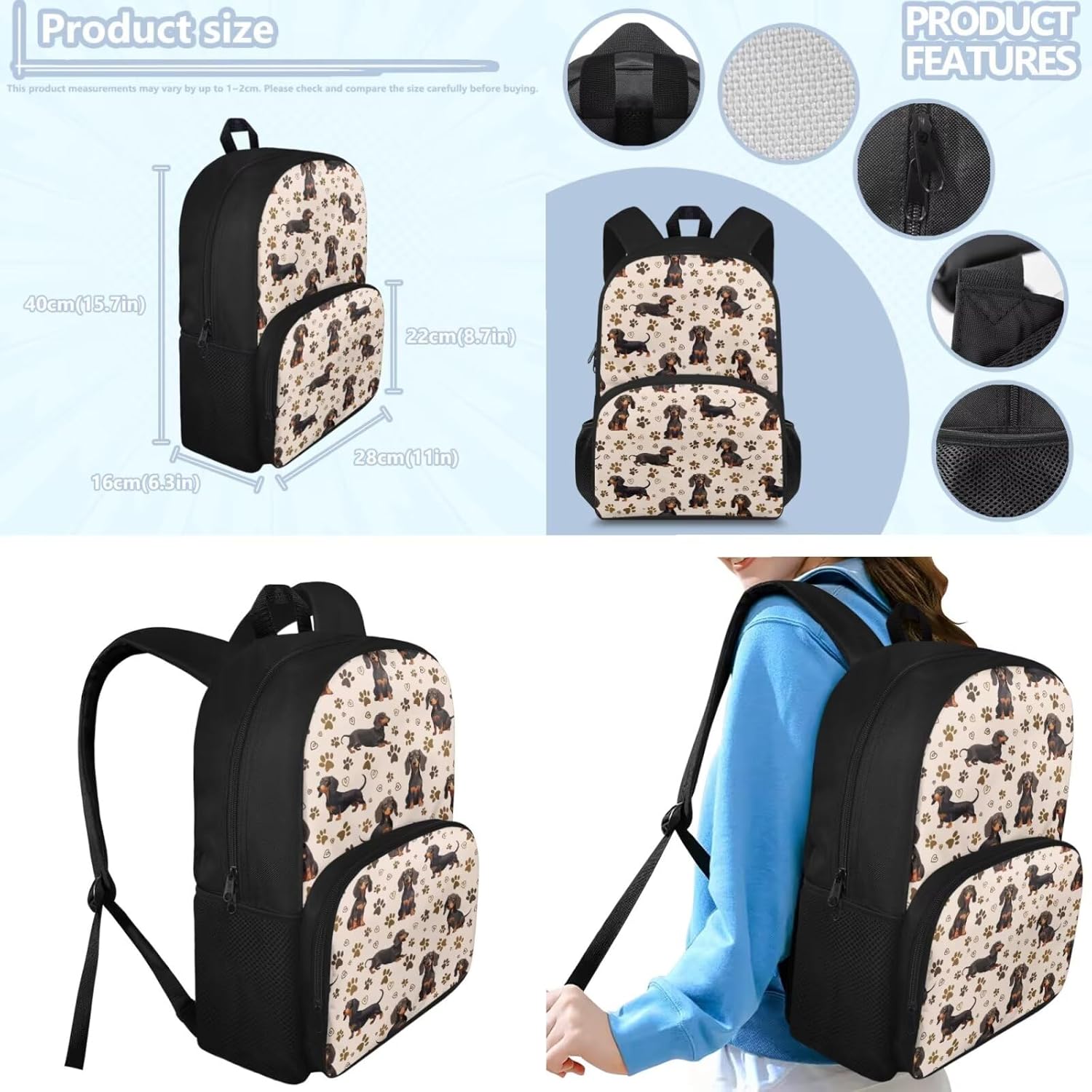 doginthehole Cute Puppy Backpack for Kids Kawaii Dachshund Bookbag for Girls with Lunch Box 3 Piece Lightweight Girls School Backpacks Ages 6-8 for Preschool Elementary School Kids Canvas Bags - Image 4