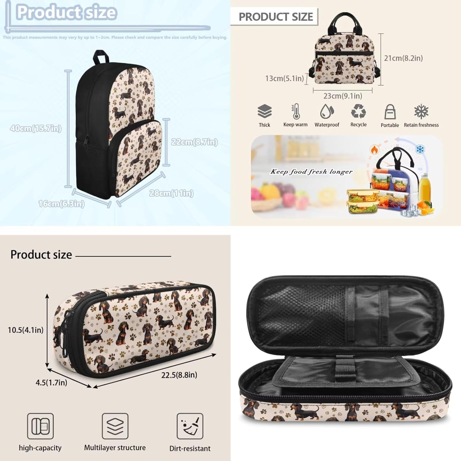 doginthehole Cute Puppy Backpack for Kids Kawaii Dachshund Bookbag for Girls with Lunch Box 3 Piece Lightweight Girls School Backpacks Ages 6-8 for Preschool Elementary School Kids Canvas Bags - Image 6