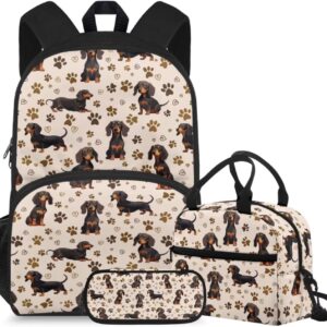 doginthehole Cute Puppy Backpack for Kids Kawaii Dachshund Bookbag for Girls with Lunch Box 3 Piece Lightweight Girls School Backpacks Ages 6-8 for Preschool Elementary School Kids Canvas Bags