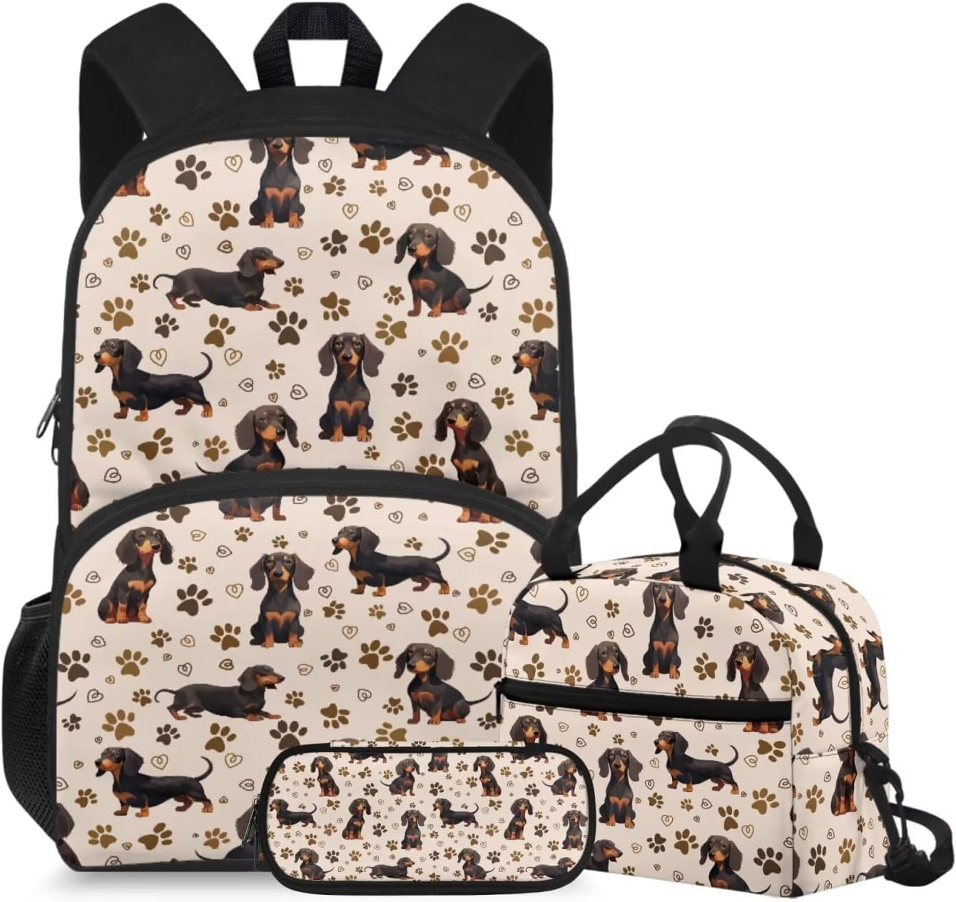 doginthehole Cute Puppy Backpack for Kids Kawaii Dachshund Bookbag for Girls with Lunch Box 3 Piece Lightweight Girls School Backpacks Ages 6-8 for Preschool Elementary School Kids Canvas Bags