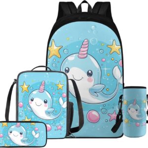 doginthehole Cute Whale Backpack for School Girls Kawaii Girls School Bag with Lunch Bag 4pcs Large Capacity Girls Bookbag Ages 8-10 for Elementary School Kids Casual Travel Book Bags