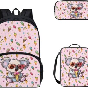 doginthehole Koala School Backpack for Kids Girls Kawaii Bookbag with Lunch Box and Pencil Bag 3 in 1 Teens Elementary Middle School Casual Rucksack Outdoor Daypack