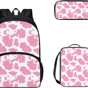 doginthehole Pink Cow Backpack for Girls Kids Cute School Bookbag with Lunch Box and Pencil Pouch Kawaii Schoolbag Students Satchel Daypack Rucksack for Preschool Kindergarten Middle High School
