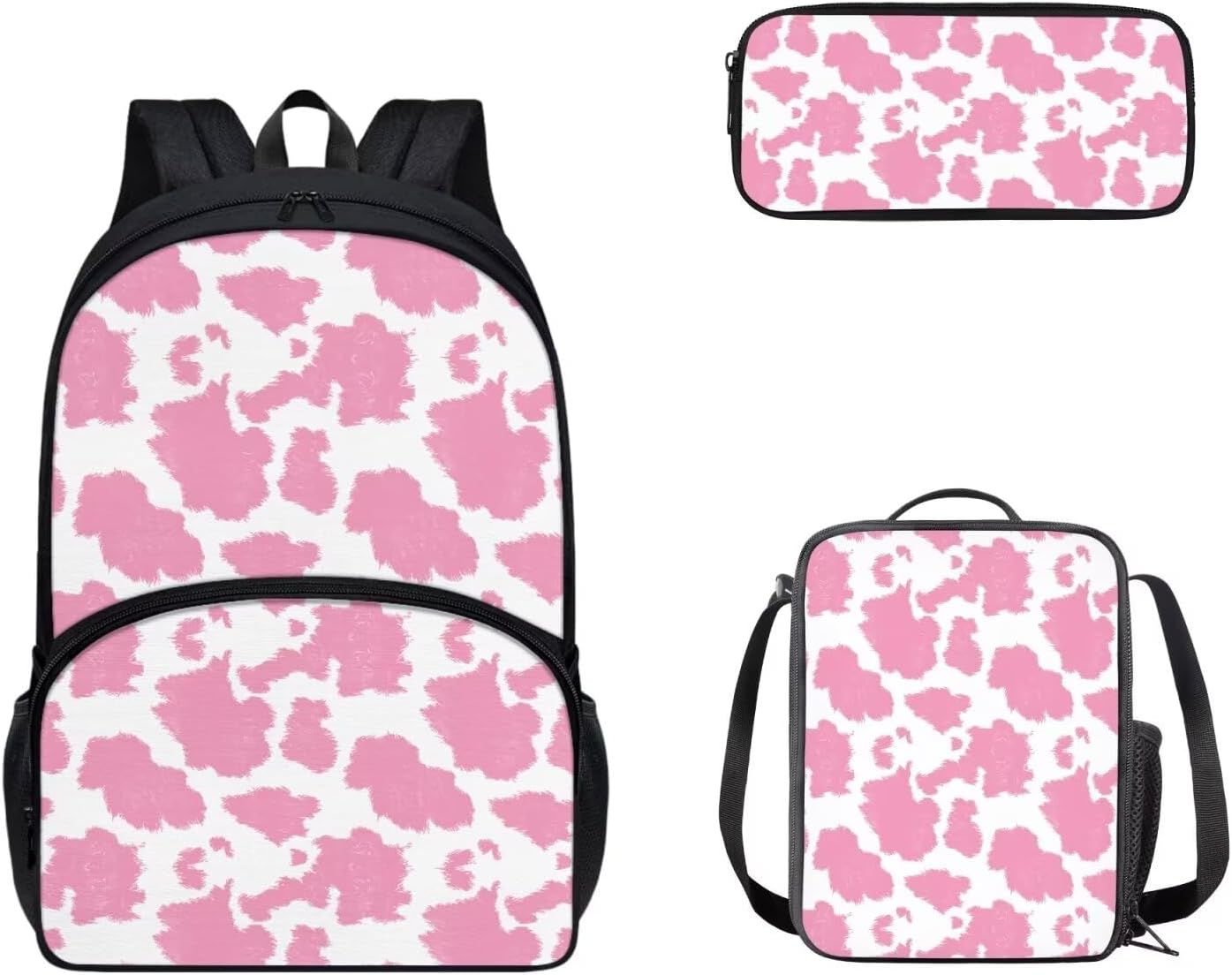 doginthehole Pink Cow Backpack for Girls Kids Cute School Bookbag with Lunch Box and Pencil Pouch Kawaii Schoolbag Students Satchel Daypack Rucksack for Preschool Kindergarten Middle High School