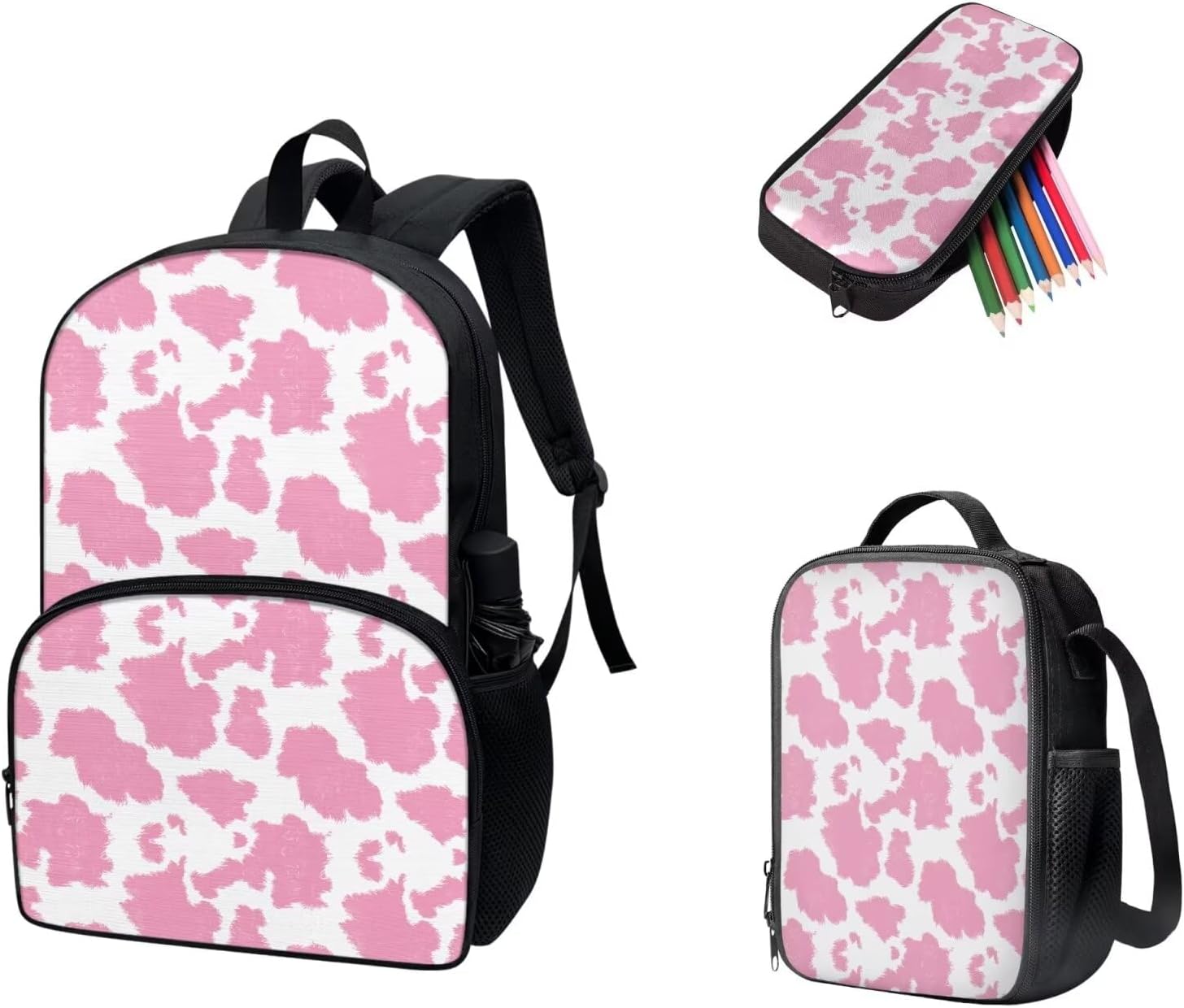 doginthehole Pink Cow Backpack for Girls Kids Cute School Bookbag with Lunch Box and Pencil Pouch Kawaii Schoolbag Students Satchel Daypack Rucksack for Preschool Kindergarten Middle High School - Image 2