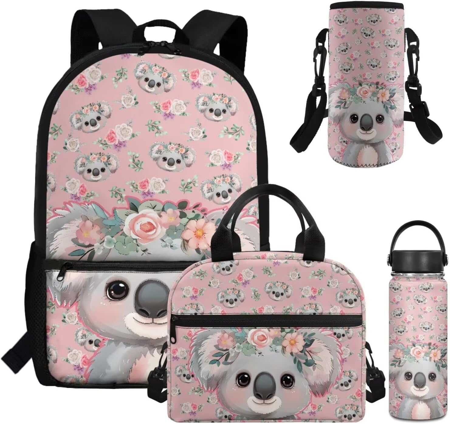 Dolyues Cherry Blossom Koala Girls Backpack Purses for Kids 9-10 Kawaii Backpack for Girls Large School Bag 4pcs with Water Bottle and Cover for Travel - Image 29