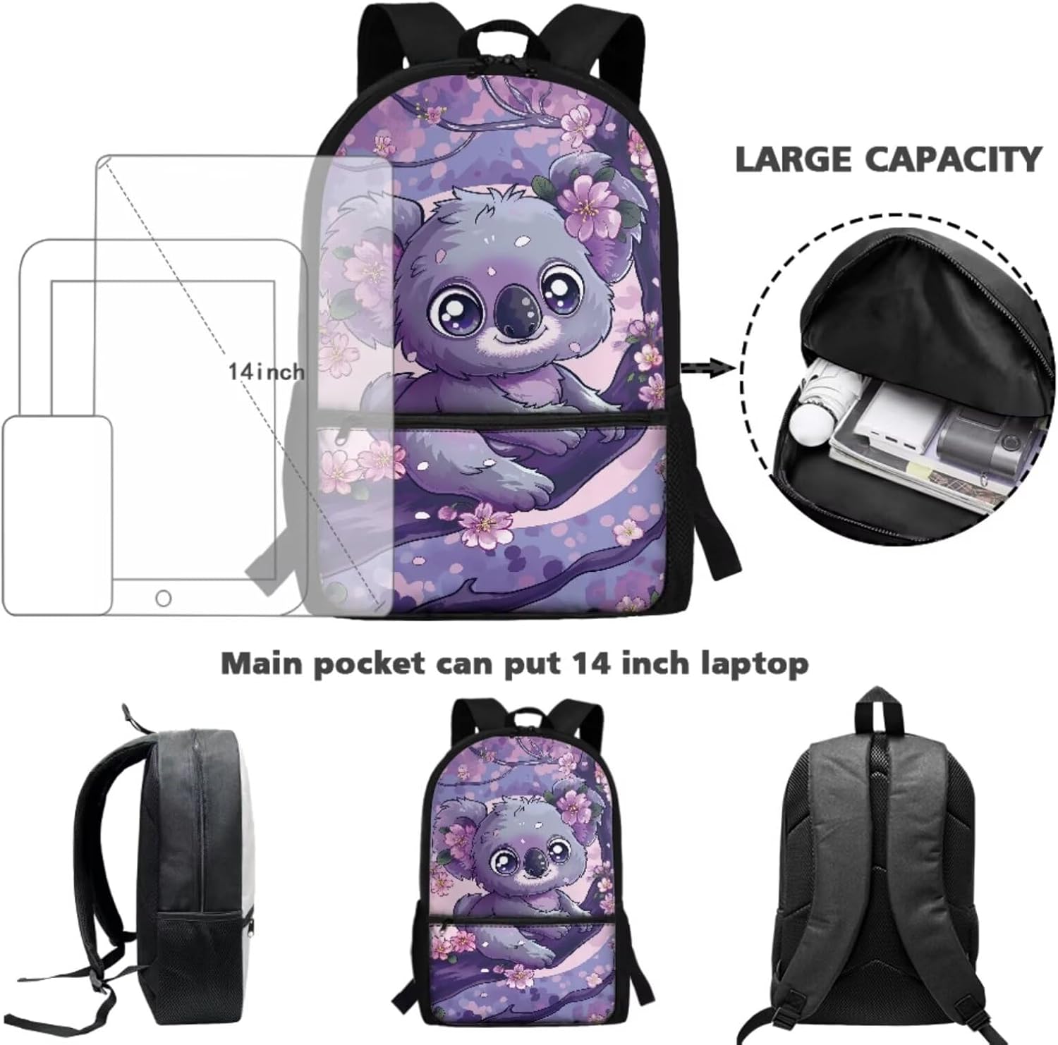 Dolyues Cherry Blossom Koala Girls Backpack Purses for Kids 9-10 Kawaii Backpack for Girls Large School Bag 4pcs with Water Bottle and Cover for Travel - Image 4