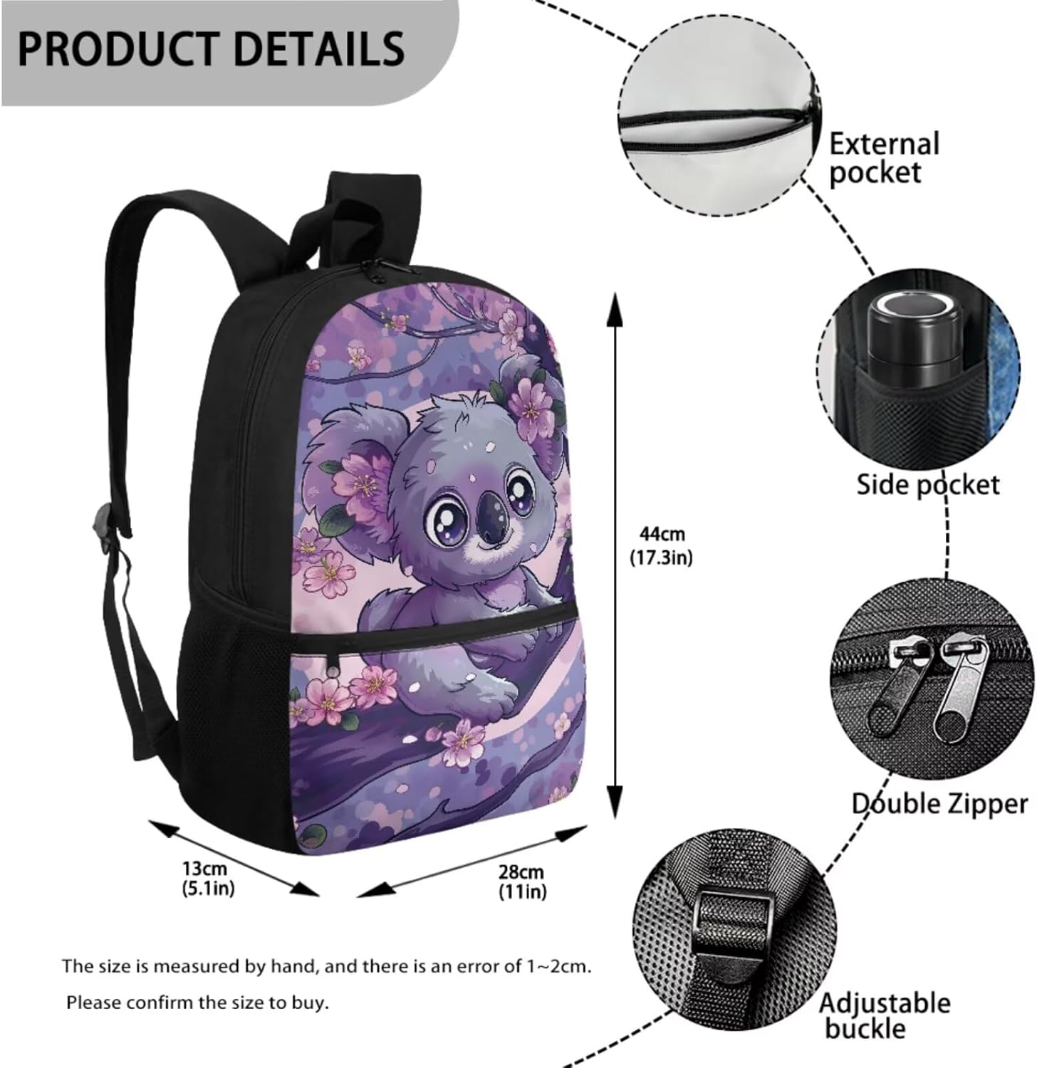 Dolyues Cherry Blossom Koala Girls Backpack Purses for Kids 9-10 Kawaii Backpack for Girls Large School Bag 4pcs with Water Bottle and Cover for Travel - Image 2