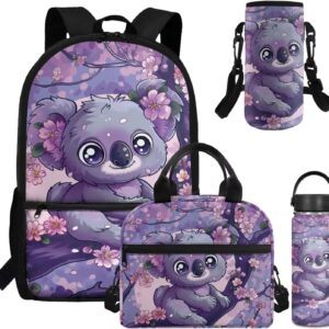 Dolyues Cherry Blossom Koala Girls Backpack Purses for Kids 9-10 Kawaii Backpack for Girls Large School Bag 4pcs with Water Bottle and Cover for Travel