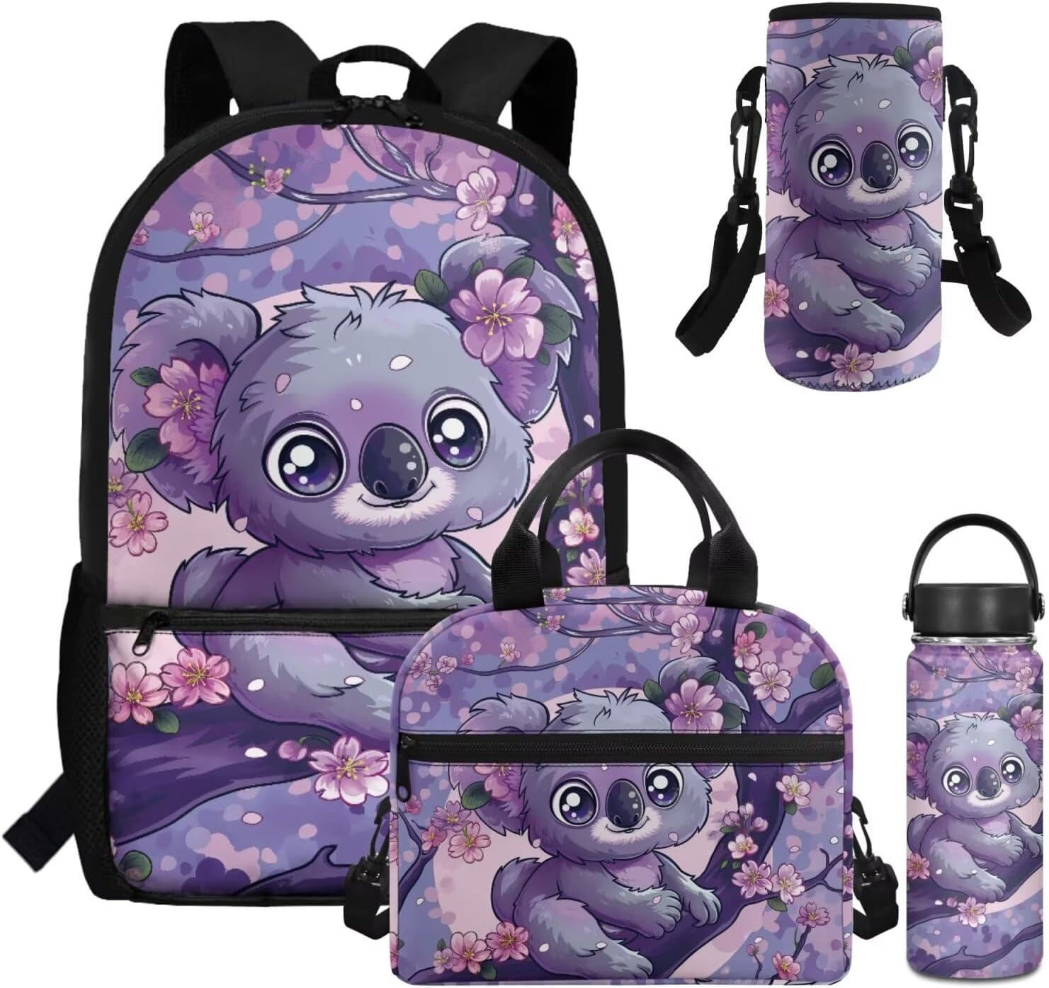Dolyues Cherry Blossom Koala Girls Backpack Purses for Kids 9-10 Kawaii Backpack for Girls Large School Bag 4pcs with Water Bottle and Cover for Travel
