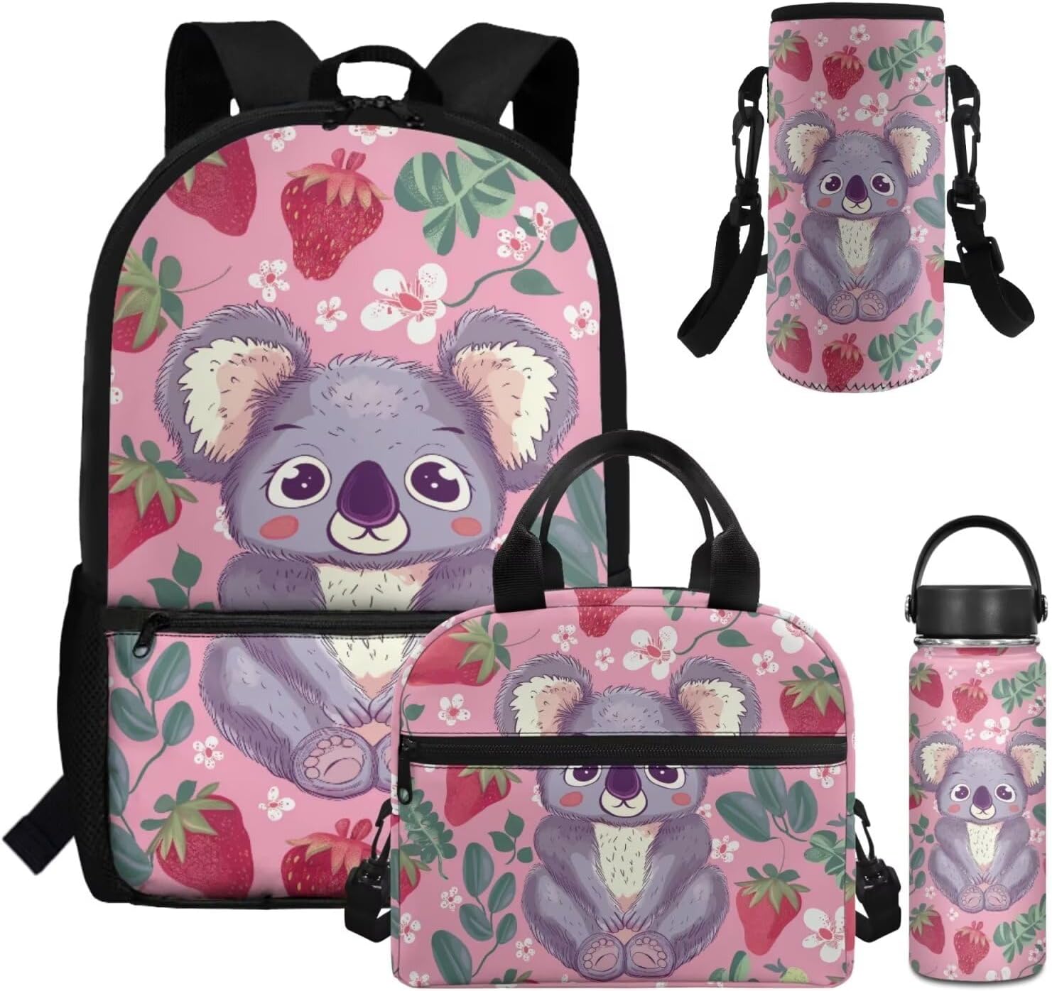 Dolyues Cherry Blossom Koala Girls Backpack Purses for Kids 9-10 Kawaii Backpack for Girls Large School Bag 4pcs with Water Bottle and Cover for Travel - Image 21