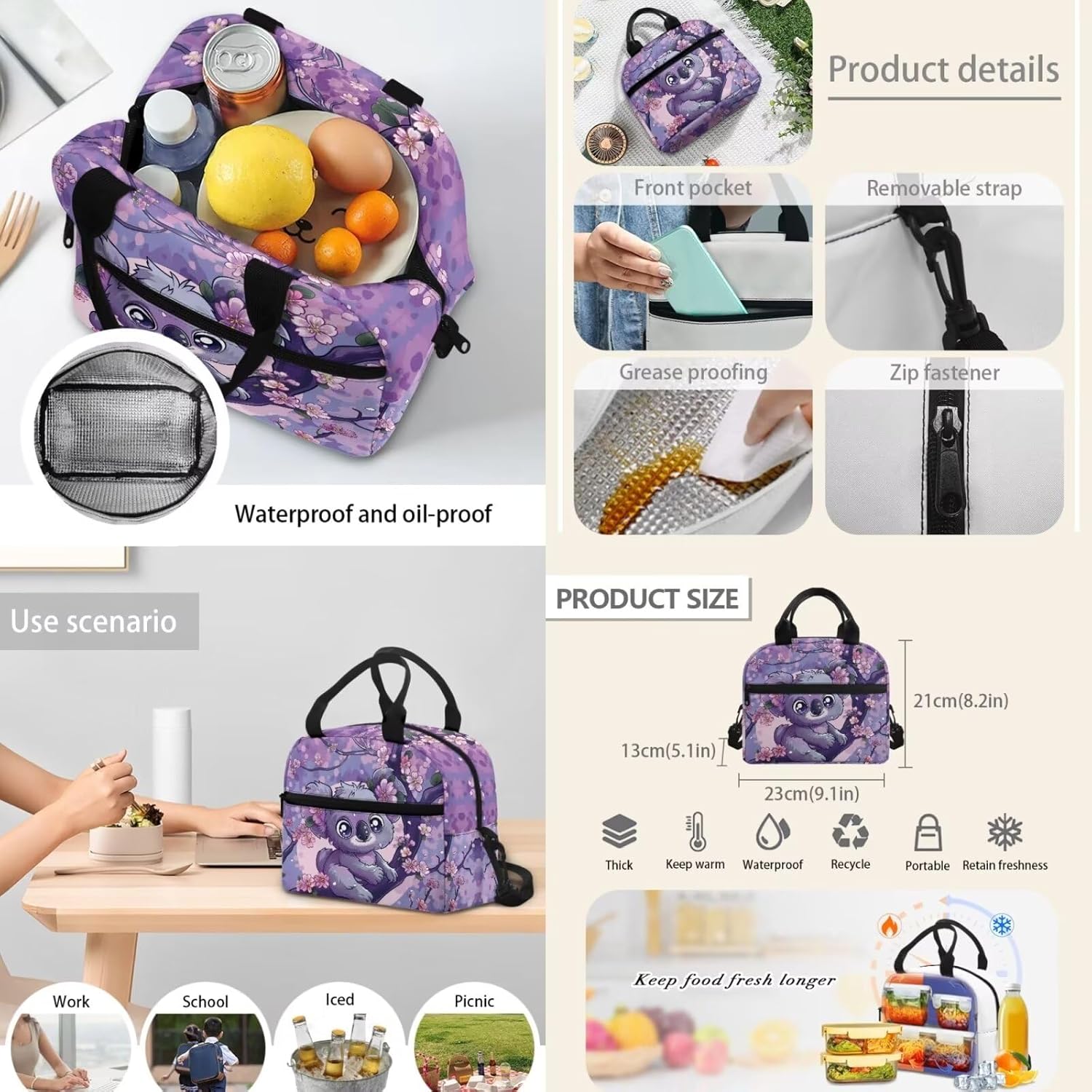 Dolyues Cherry Blossom Koala Girls Backpack Purses for Kids 9-10 Kawaii Backpack for Girls Large School Bag 4pcs with Water Bottle and Cover for Travel - Image 5