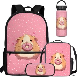 Dolyues Donut Hamster Cute Kawaii Backpack for School Pink Backpack for School Girls Adjustable Teen Bookbag for Girls with Lunch Bag Pencil Box Insulated Bottles 4PCS for Middle School
