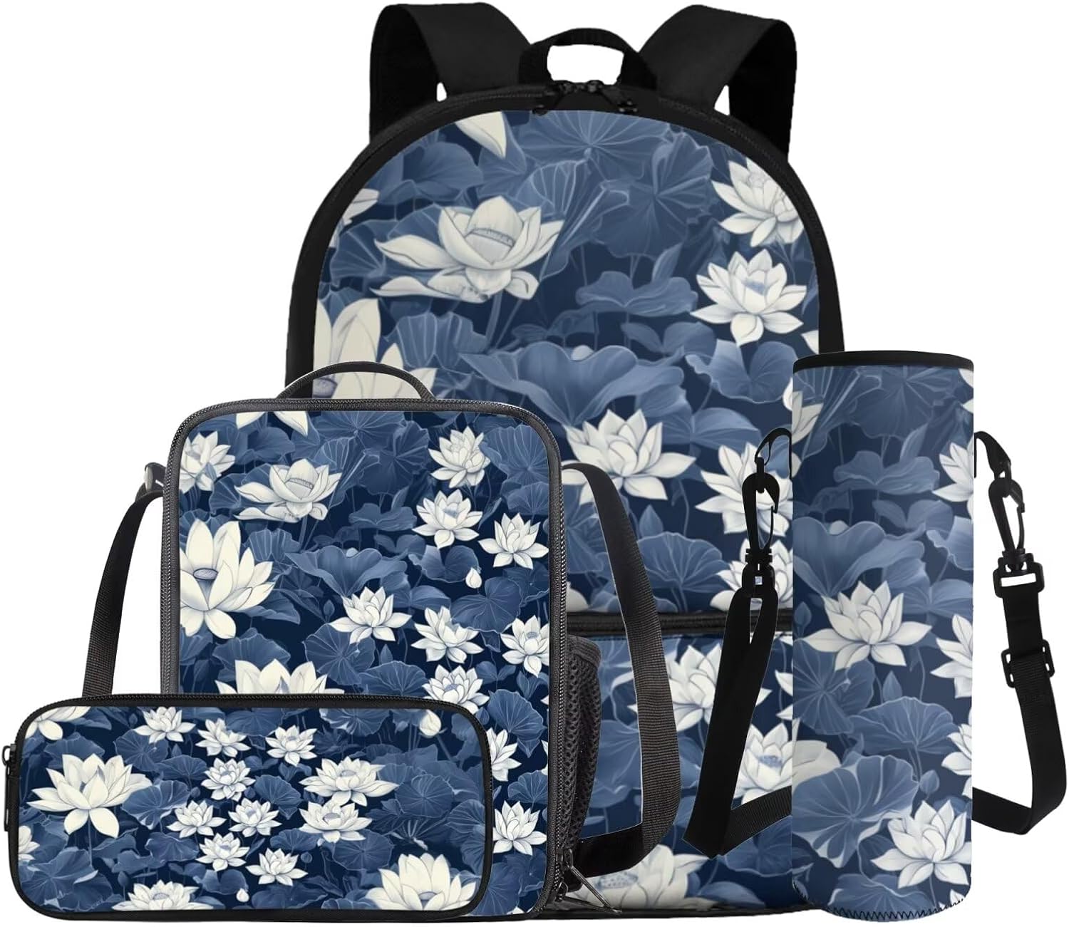 Dolyues Lotus Flower Kawaii 4-Piece Girls School Backpack Set 1st-6th Grade: 17 Inch Bookbag + Insulated Lunch Bag + Pencil Pouch + Drink Carrier, Cute Back to School Essentials for Teen Girls - Image 8