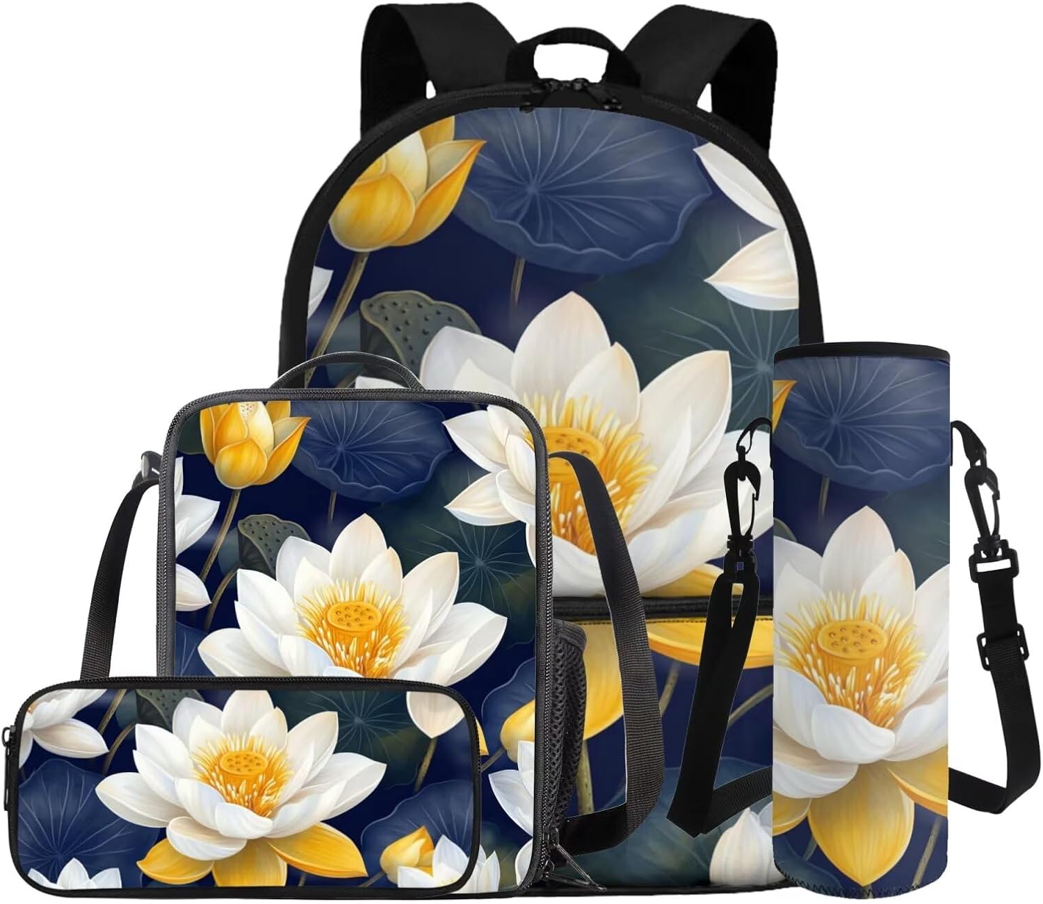 Dolyues Lotus Flower Kawaii 4-Piece Girls School Backpack Set 1st-6th Grade: 17 Inch Bookbag + Insulated Lunch Bag + Pencil Pouch + Drink Carrier, Cute Back to School Essentials for Teen Girls - Image 13