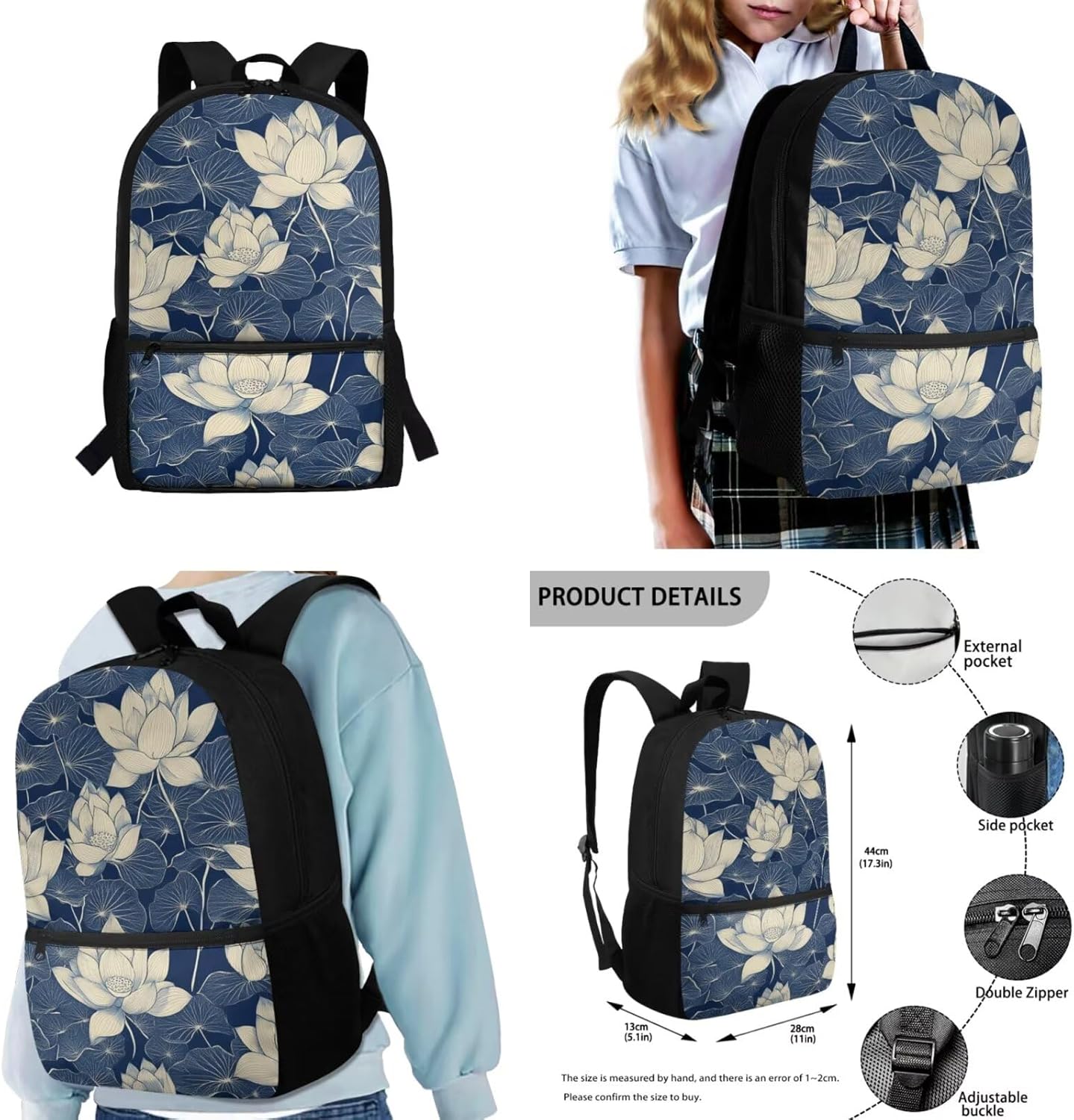 Dolyues Lotus Flower Kawaii 4-Piece Girls School Backpack Set 1st-6th Grade: 17 Inch Bookbag + Insulated Lunch Bag + Pencil Pouch + Drink Carrier, Cute Back to School Essentials for Teen Girls - Image 2