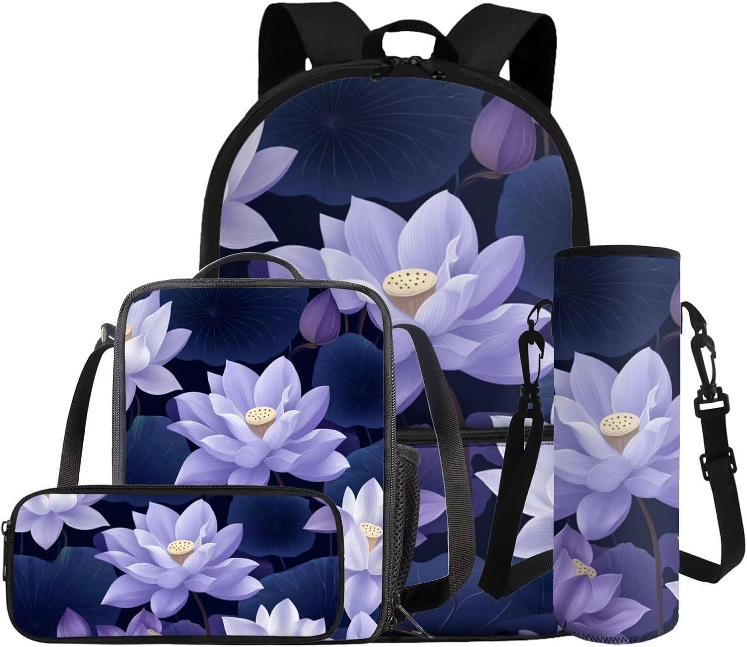 Dolyues Lotus Flower Kawaii 4-Piece Girls School Backpack Set 1st-6th Grade: 17 Inch Bookbag + Insulated Lunch Bag + Pencil Pouch + Drink Carrier, Cute Back to School Essentials for Teen Girls - Image 11