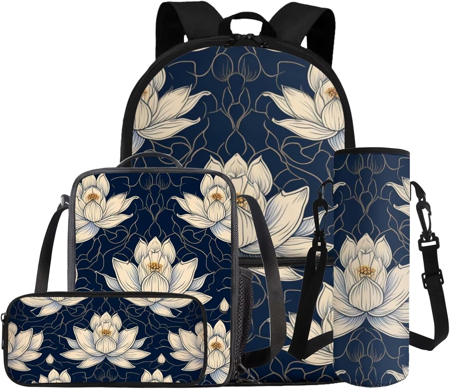 Dolyues Lotus Flower Kawaii 4-Piece Girls School Backpack Set 1st-6th Grade: 17 Inch Bookbag + Insulated Lunch Bag + Pencil Pouch + Drink Carrier, Cute Back to School Essentials for Teen Girls - Image 10