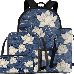 Dolyues Lotus Flower Kawaii 4-Piece Girls School Backpack Set 1st-6th Grade: 17 Inch Bookbag + Insulated Lunch Bag + Pencil Pouch + Drink Carrier, Cute Back to School Essentials for Teen Girls