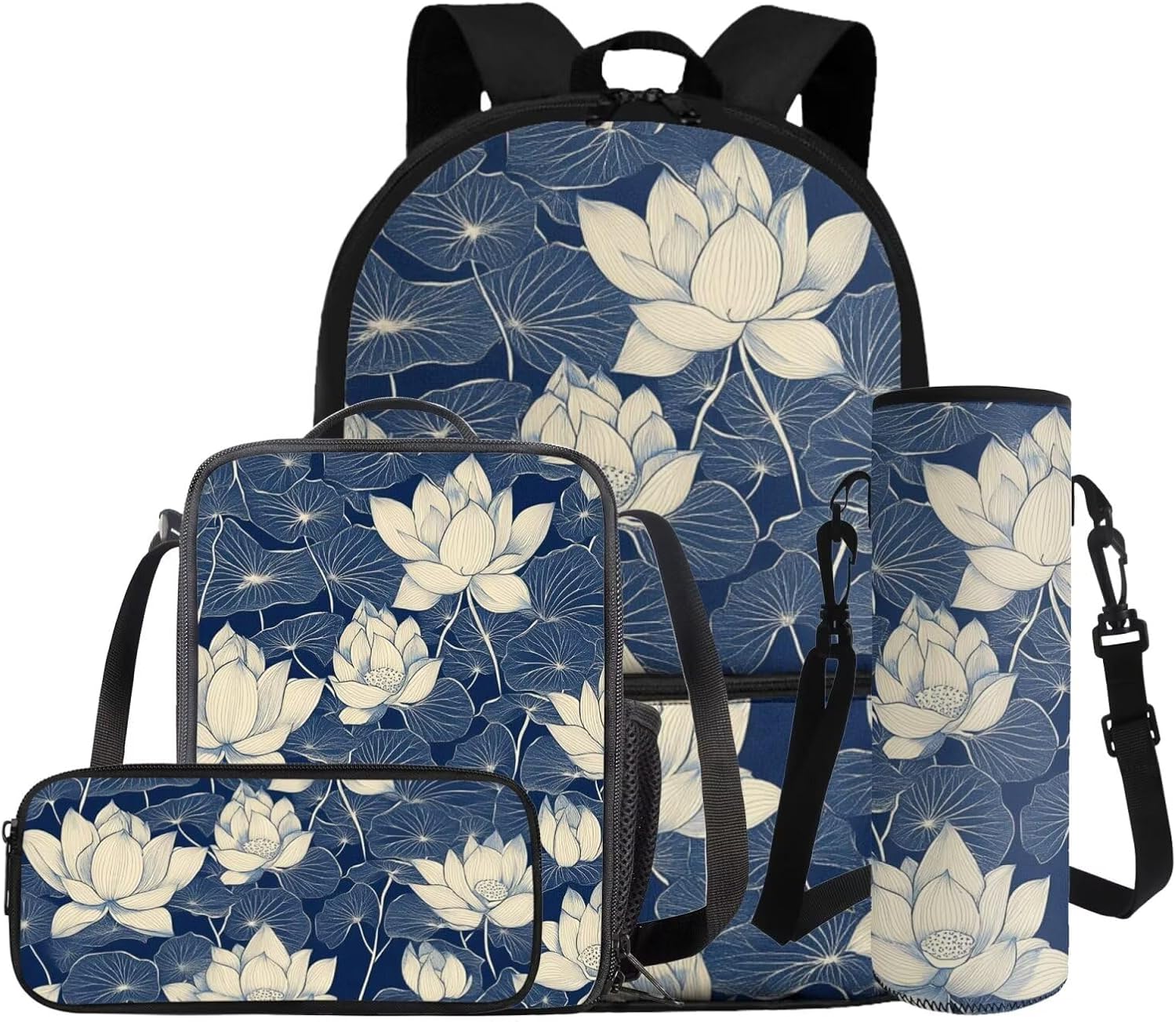 Dolyues Lotus Flower Kawaii 4-Piece Girls School Backpack Set 1st-6th Grade: 17 Inch Bookbag + Insulated Lunch Bag + Pencil Pouch + Drink Carrier, Cute Back to School Essentials for Teen Girls