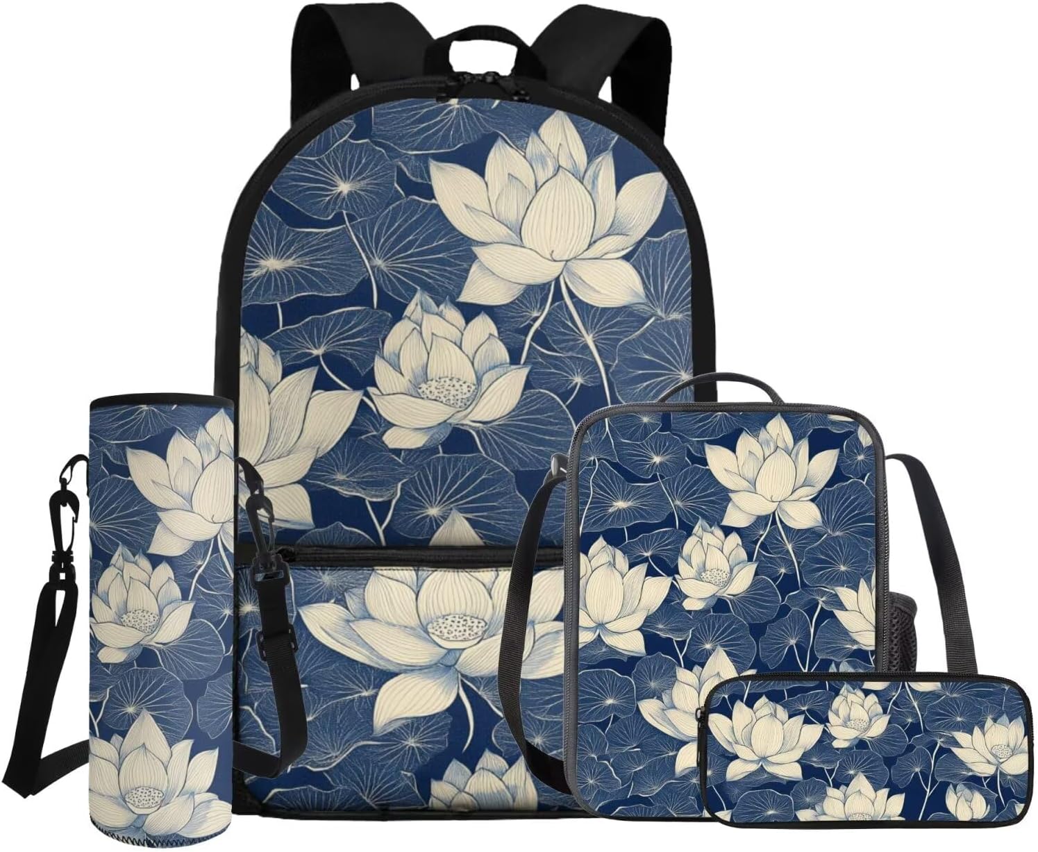 Dolyues Lotus Flower Kawaii 4-Piece Girls School Backpack Set 1st-6th Grade: 17 Inch Bookbag + Insulated Lunch Bag + Pencil Pouch + Drink Carrier, Cute Back to School Essentials for Teen Girls - Image 6