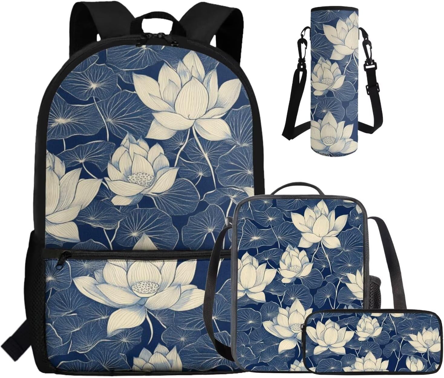 Dolyues Lotus Flower Kawaii 4-Piece Girls School Backpack Set 1st-6th Grade: 17 Inch Bookbag + Insulated Lunch Bag + Pencil Pouch + Drink Carrier, Cute Back to School Essentials for Teen Girls - Image 7
