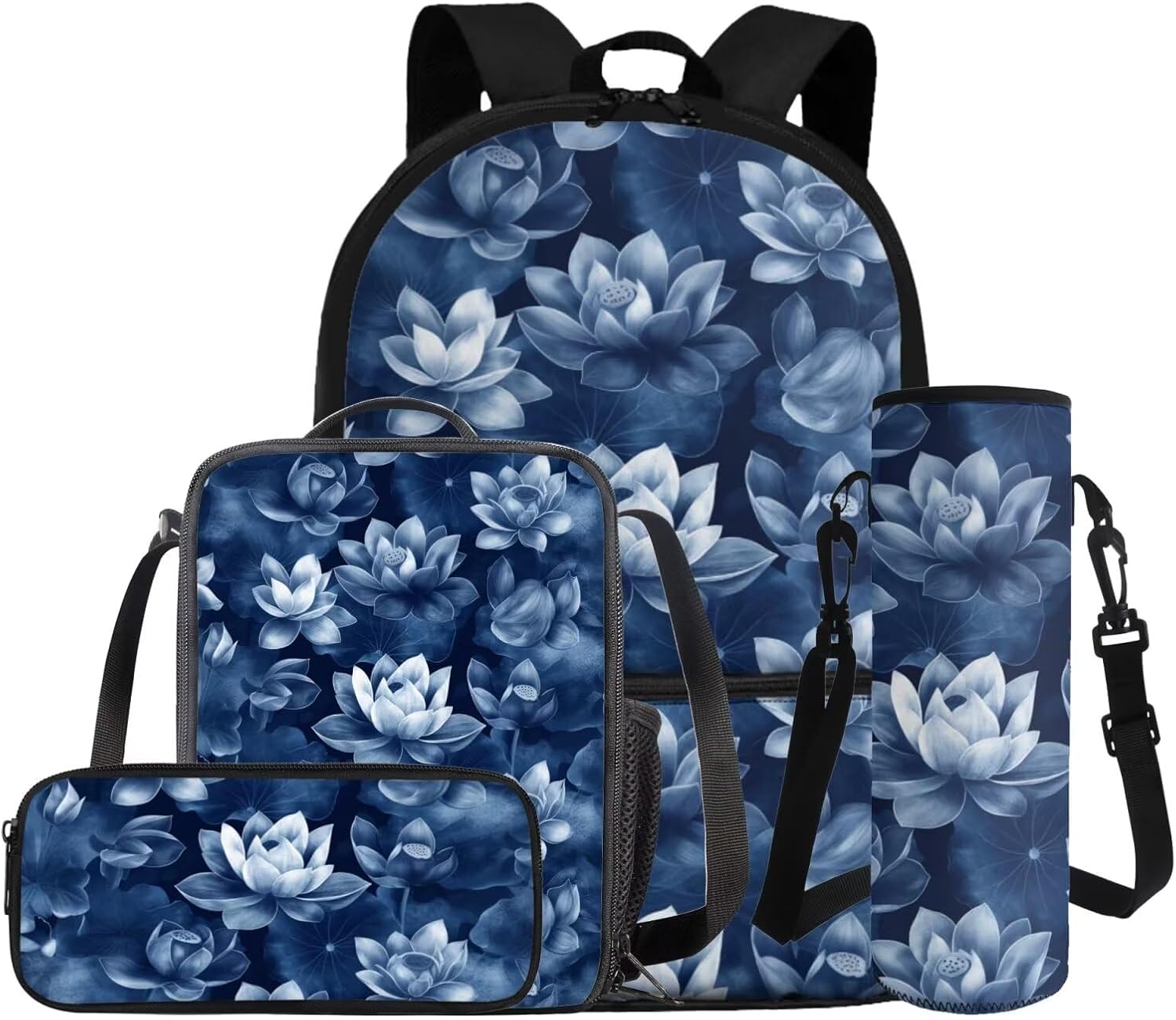 Dolyues Lotus Flower Kawaii 4-Piece Girls School Backpack Set 1st-6th Grade: 17 Inch Bookbag + Insulated Lunch Bag + Pencil Pouch + Drink Carrier, Cute Back to School Essentials for Teen Girls - Image 9