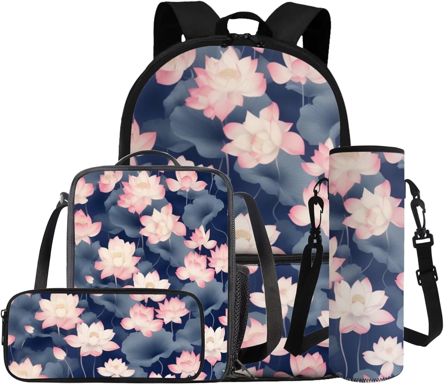 Dolyues Lotus Flower Kawaii 4-Piece Girls School Backpack Set 1st-6th Grade: 17 Inch Bookbag + Insulated Lunch Bag + Pencil Pouch + Drink Carrier, Cute Back to School Essentials for Teen Girls - Image 12