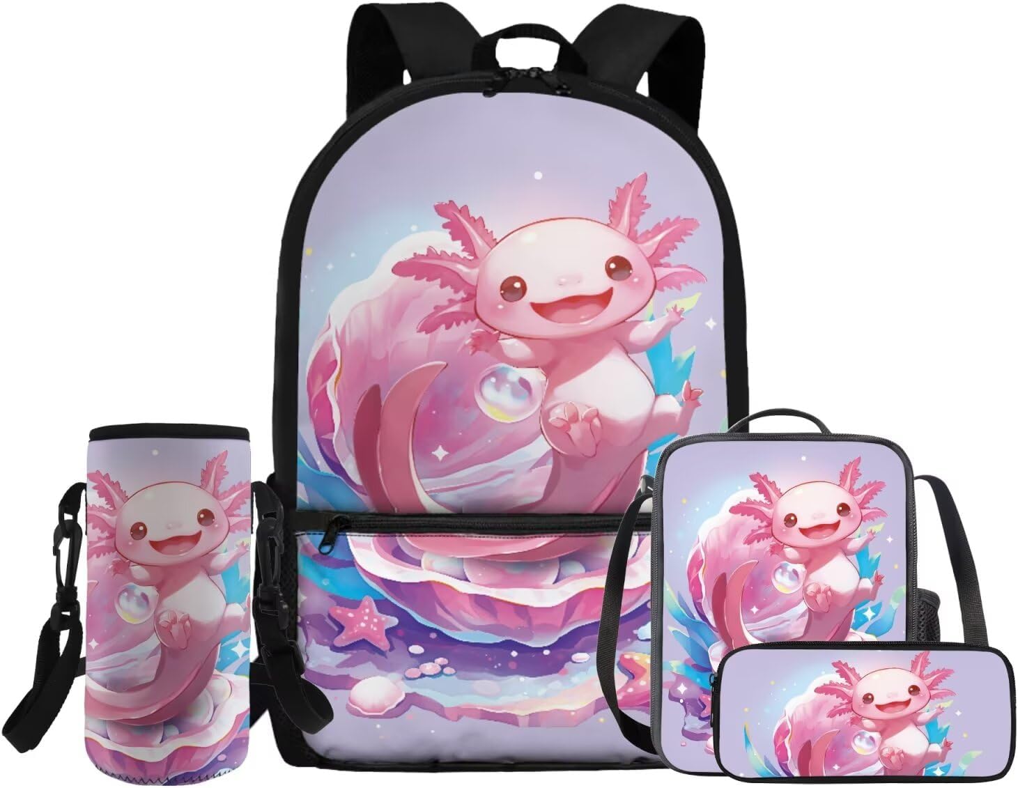 FOR U DESIGNS Axolotl Back Pack for Kids Kawaii Backpack for 5th Grade Girls Lunch Box Cute Girls Bookbag Set with Lunchbox Lightweight School Bag Set 4 Pcs - Image 3