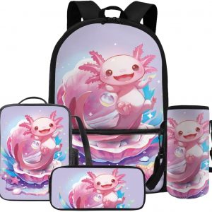 FOR U DESIGNS Axolotl Back Pack for Kids Kawaii Backpack for 5th Grade Girls Lunch Box Cute Girls Bookbag Set with Lunchbox Lightweight School Bag Set 4 Pcs