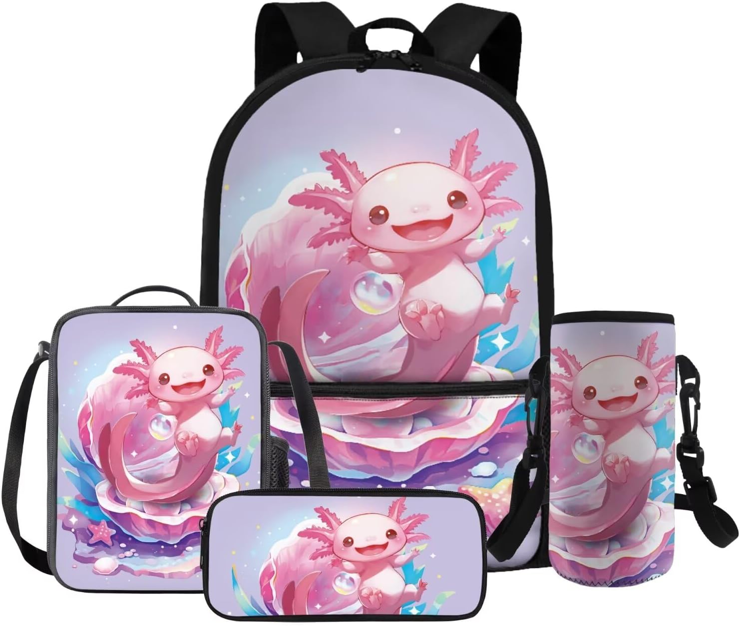 FOR U DESIGNS Axolotl Back Pack for Kids Kawaii Backpack for 5th Grade Girls Lunch Box Cute Girls Bookbag Set with Lunchbox Lightweight School Bag Set 4 Pcs