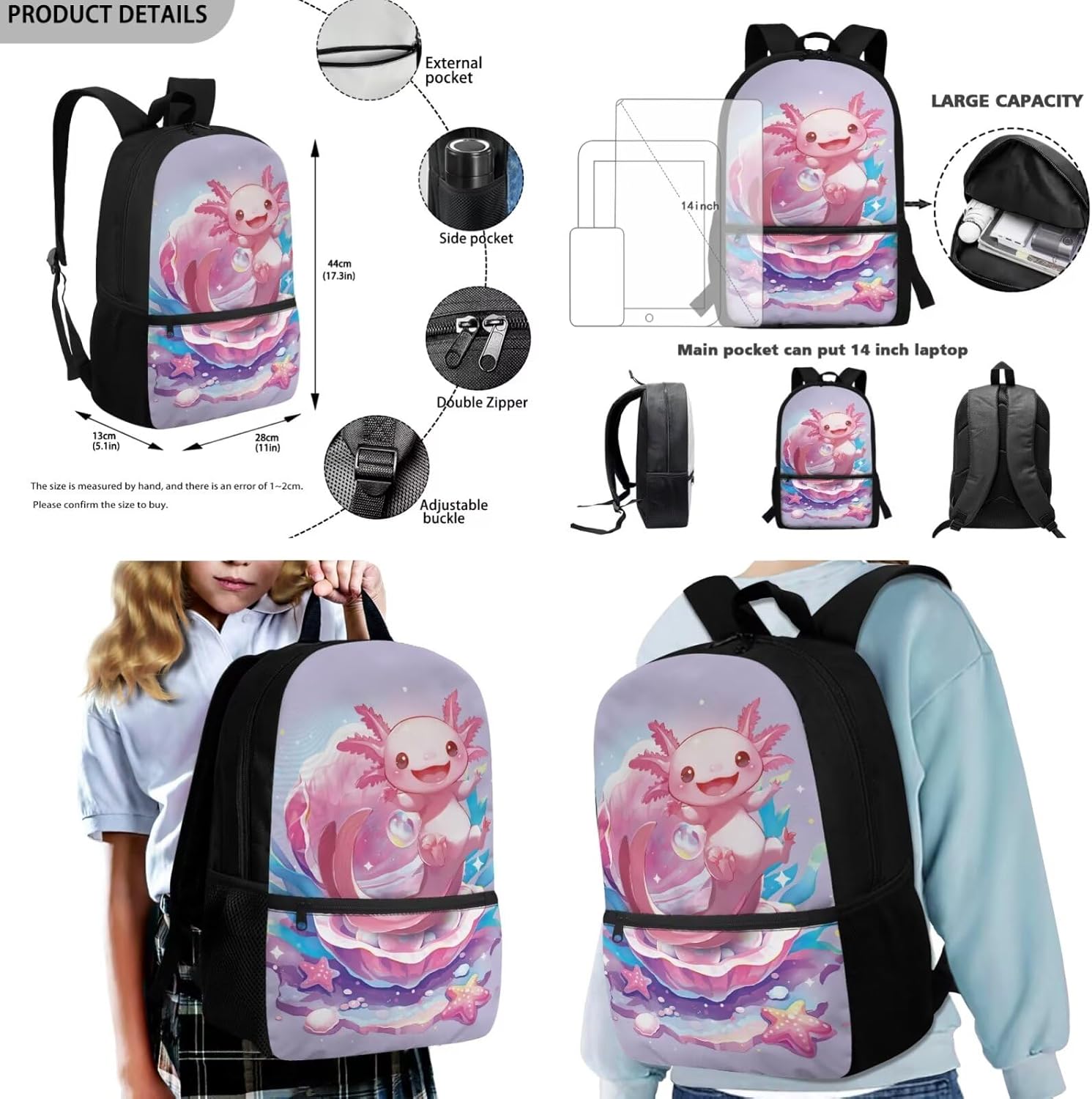 FOR U DESIGNS Axolotl Back Pack for Kids Kawaii Backpack for 5th Grade Girls Lunch Box Cute Girls Bookbag Set with Lunchbox Lightweight School Bag Set 4 Pcs - Image 6