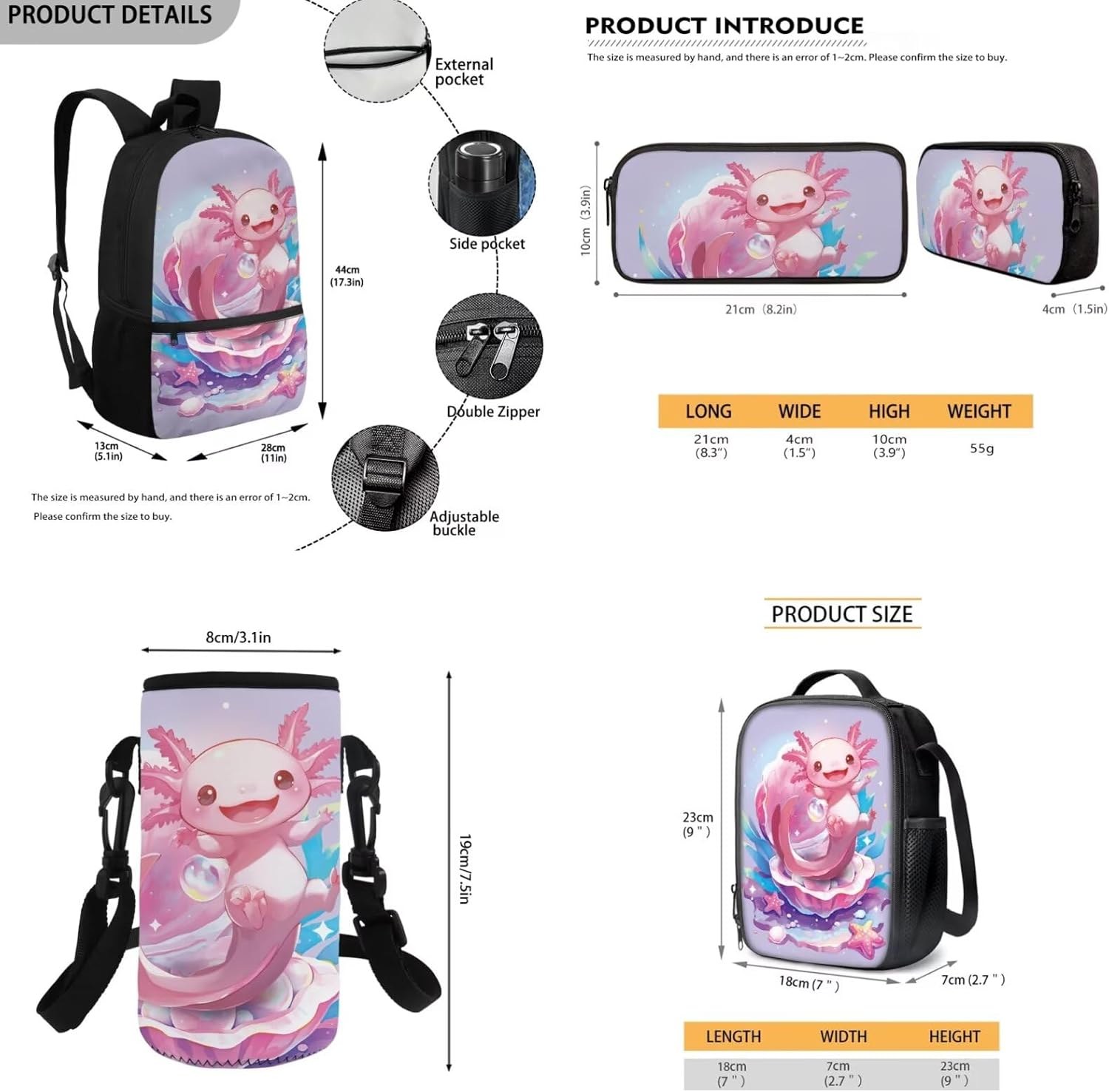FOR U DESIGNS Axolotl Back Pack for Kids Kawaii Backpack for 5th Grade Girls Lunch Box Cute Girls Bookbag Set with Lunchbox Lightweight School Bag Set 4 Pcs - Image 7
