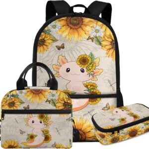 FOR U DESIGNS Axolotl Bookbag for Kids Kawaii 6th Grade School Bags for Kids 5-7 Girls with Lunch Bag Elementary Toddler Girl Bookbag and Lunch Box Set 3 PCS Backpack with Lunch Box
