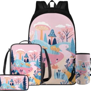 FOR U DESIGNS Cute Mushroom School Bag Set for Girls Kawaii Kindergarten Backpacks 4 Piece Large Capacity Bookbag Set with Lunch Box 4th Grade Travel Daypack