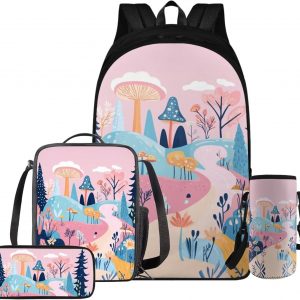 FOR U DESIGNS Cute Mushroom School Bag Set for Girls Kawaii Kindergarten Backpacks 4 Piece Large Capacity Bookbag Set with Lunch Box 4th Grade Travel Daypack