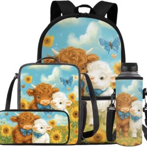 FOR U DESIGNS Highland Cow Backpack for School Kawaii Bookbag for Teen Girls in Middle School Lightweight Cute School Bag and Lunch Box Set for Girls 6th Grade