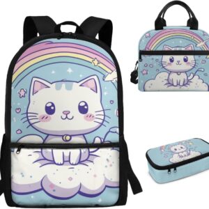 FOR U DESIGNS Kawaii Cat Pattern Backpack with Insulated Lunch Bag Zipper Pouch Ergonomic 17 Inch School Bookbag for Grade 3 Lightweight Backpack for Girls 8-12