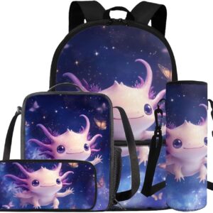 Glorowreny Axolotl Backpack Purse 17 Inch Starry Sky Bookbag and Lunch Box Set for Girls 4 in 1 Pratical Kawaii Camping Lunch Bags with Side Drink Pocket