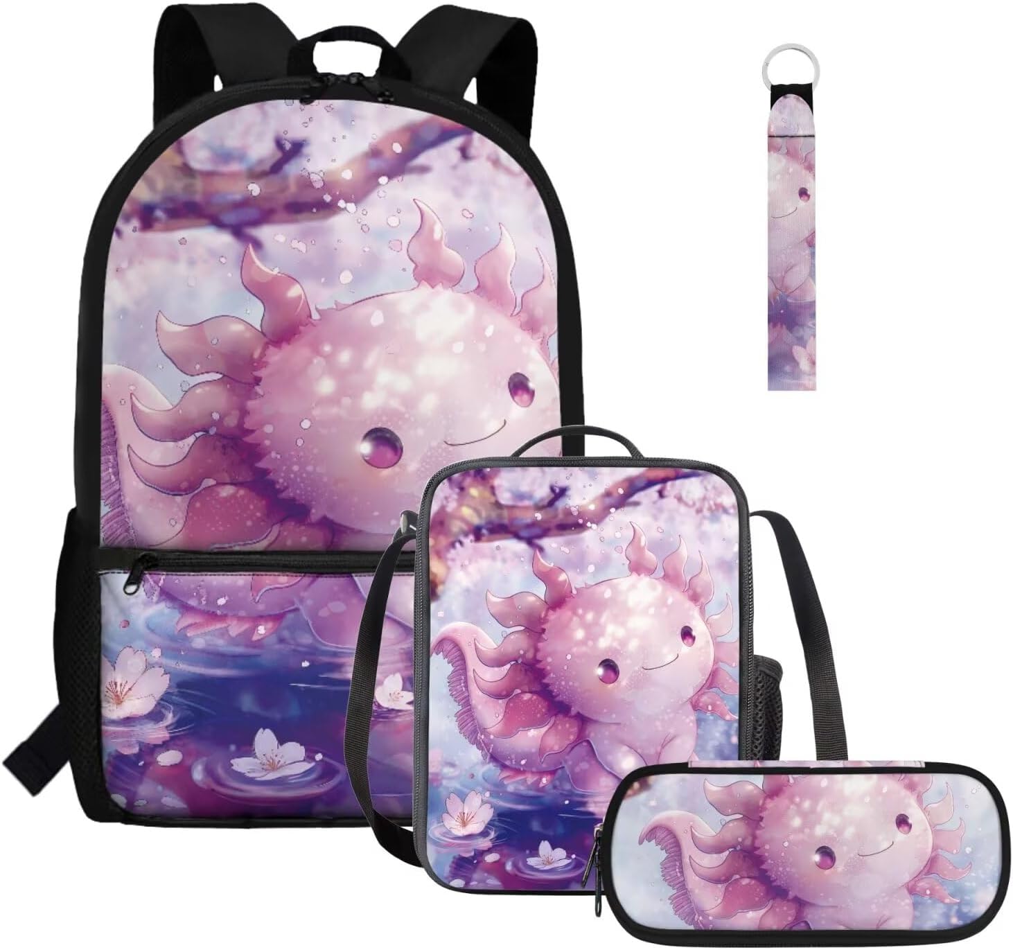 Glorowreny Axolotl Girls Backpacks Ages 8-10 with Lunchbox Cherry Blossom Kids Lunch Bags for Girls Personalized Pink Kawaii 17 Inch School Bag for Teens 4 in 1 Daycare Bags