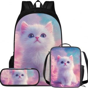 Glorowreny Cat Backpack for Kids School Lightweight 17 Inch Bookbag for Teen Girls with Lunch Box Kawaii Insulated Lunch Bag with Pockets 3 Pcs Back to School Gifts
