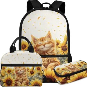 Glorowreny Cat Backpack for School Set of 3 Kawaii Sunflower Girls Bookbag Ages 6-8 with Lunch Box Portable Practical Insulated Lunch Bag Kids Girls Ideal for Daily Use