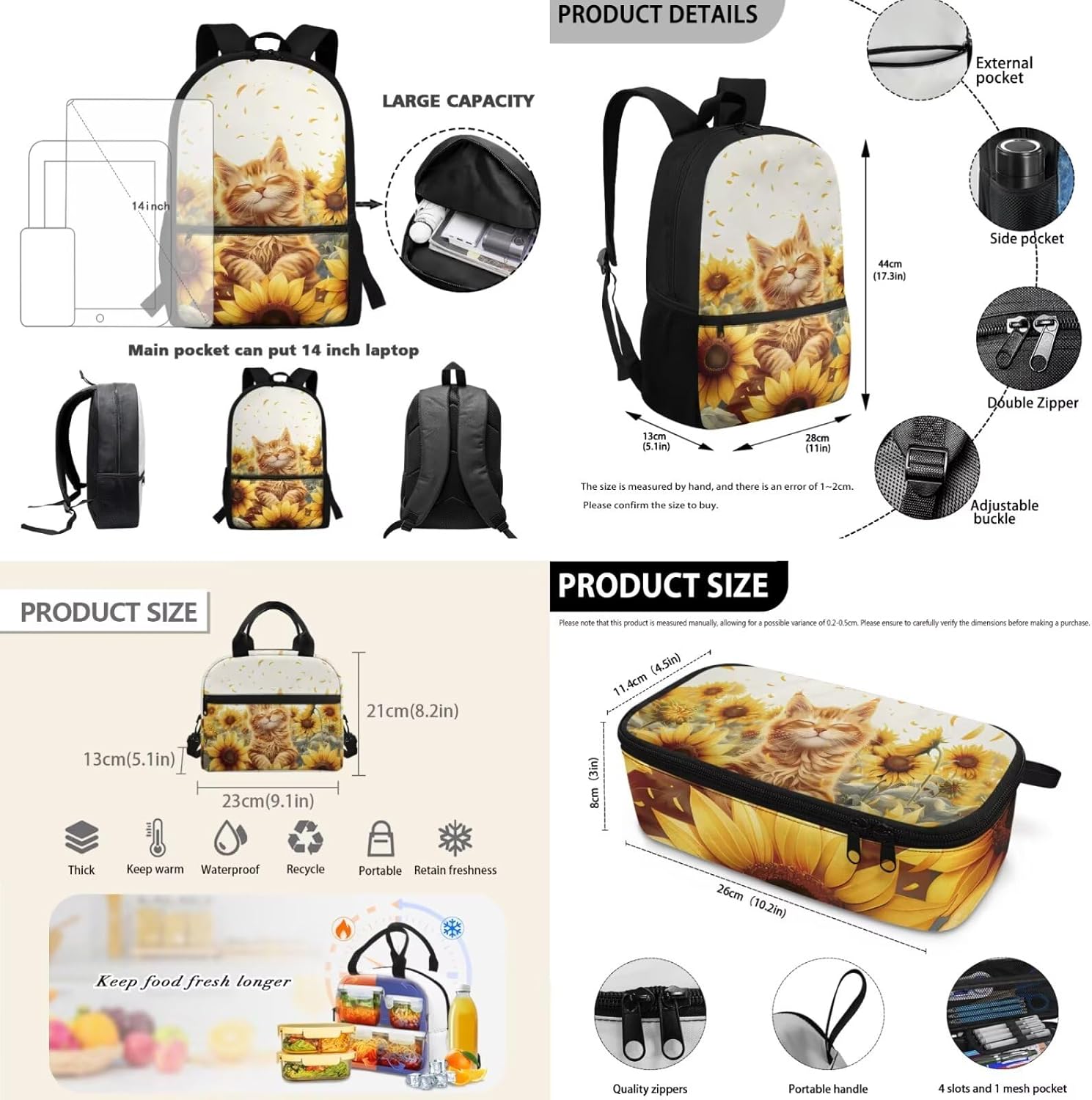 Glorowreny Cat Backpack for School Set of 3 Kawaii Sunflower Girls Bookbag Ages 6-8 with Lunch Box Portable Practical Insulated Lunch Bag Kids Girls Ideal for Daily Use - Image 3